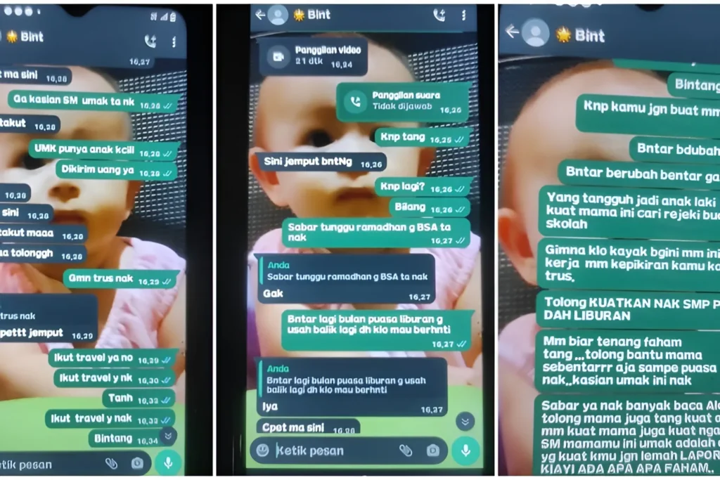 Screenshot chat WhatsApp antata Suyanti, ibu Bintang Balqis Maulana, santri ponpes di Kendiri yang baru-baru ini dikabarkan meninggal dunia.